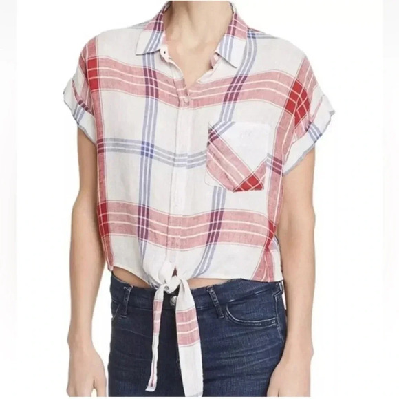 Rails Amelie Linen Plaid Tie Front Crop Button Down Top Red White Blue Size XS - Picture 6 of 6